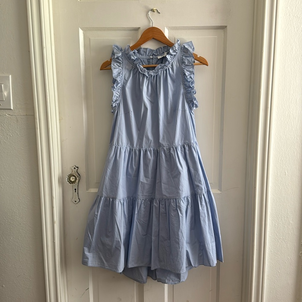 Moodie Cornflower Blue Ruffle Collar Dress- Small